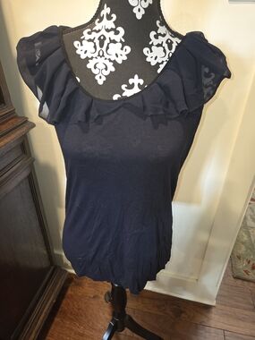 LOFT Navy Ruffle Scoop Neck Sleeveless Blouse